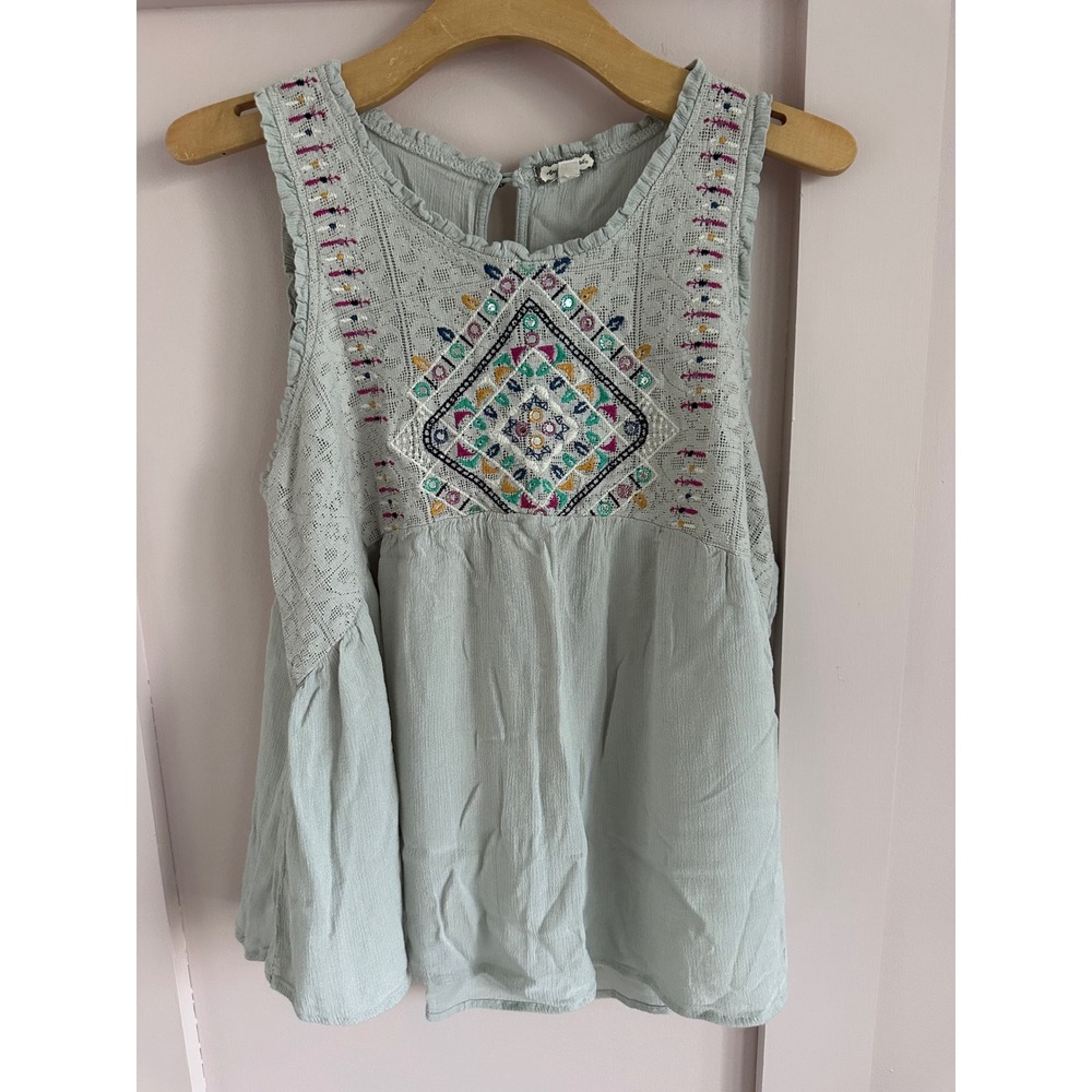 Eyeshadow Sage Green Embroidered Lace Babydoll Tank Top XL Boho Sequin
